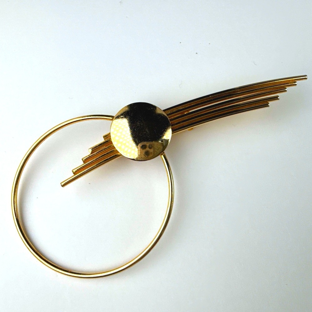 Vintage Brooch Gold Tone Geometric Art Deco Style Circle Bar Atomic Space Design